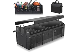 MOJIOO Large Trunk Organizer with Removable Cooler Bag-Collapsible Multi Compartments w/Foldable Cover, Non Slip Bottom Cargo Storage Suitable for Any Car, SUV, Truck, or Van(3 compartments,Black)