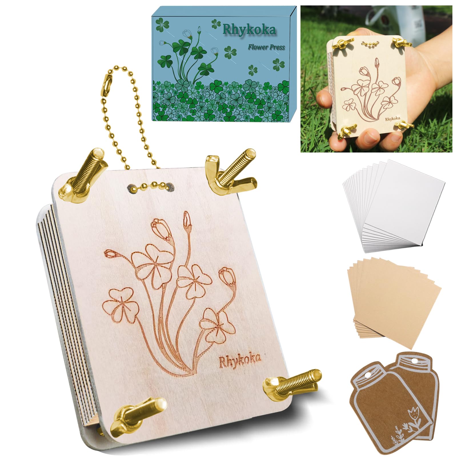 Rhykoka Pocket Flower Press, 6 Layers Mini Flowers Press Kit, Micro Flower Pressing, Portable Small Leaf Petal Preservation for Arts and Crafts Lovers (Gold)