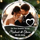 Personalized First Christmas Married Ornament, Custom Photo Ornaments 2026 | Wedding Gifts for Couples, Newlywed, Bride, Women, Her - Wedding Ornament, Crystal Glass Christmas Tree Ornaments
