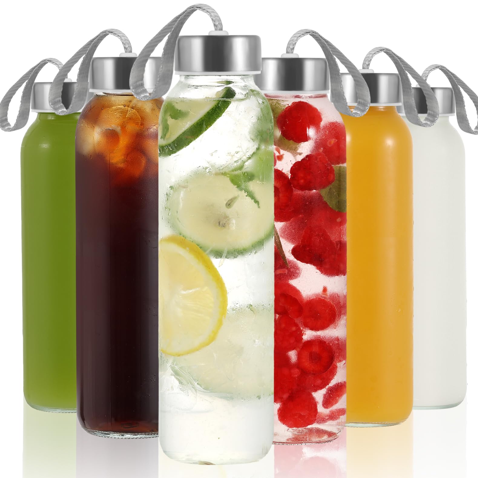 LIMILI Glass Bottles With Stainless Steel Lids, 6 Pack 500ml Reusable Water Bottles Leak Proof for Hot Cold Drinks, Work, Gym, Home (B)