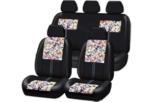 CAR-GRAND Universal Fit Pretty Butterfly and Flowers PU Leather Car Seat Covers with Zipper Design, Full Set Package,Airbag Compatible (Black with Beige)
