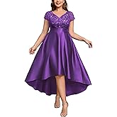 MISSMAY Women's Plus Size Lace Sequin Contrast Satin High Low A-Line Hem Prom Party Formal Dress