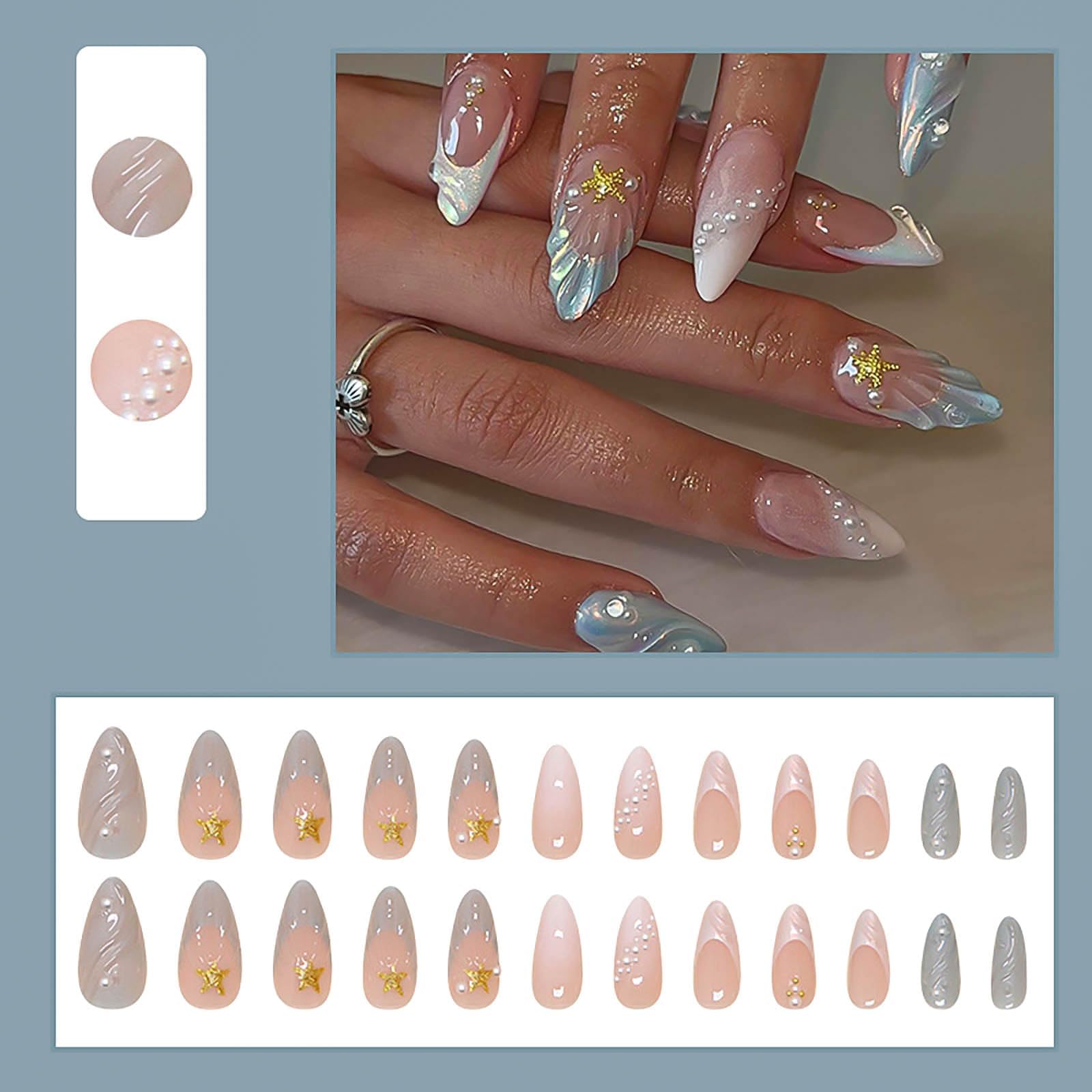 RUOKEXIN Almond Press on Nails Medium Fake Nails Blue White French Tip False Nails with 3D Shell Star Designs White Ombre Nail Press ons Glossy Glue on Nails Cute Stick on Nails for Women 24Pcs - Image 5