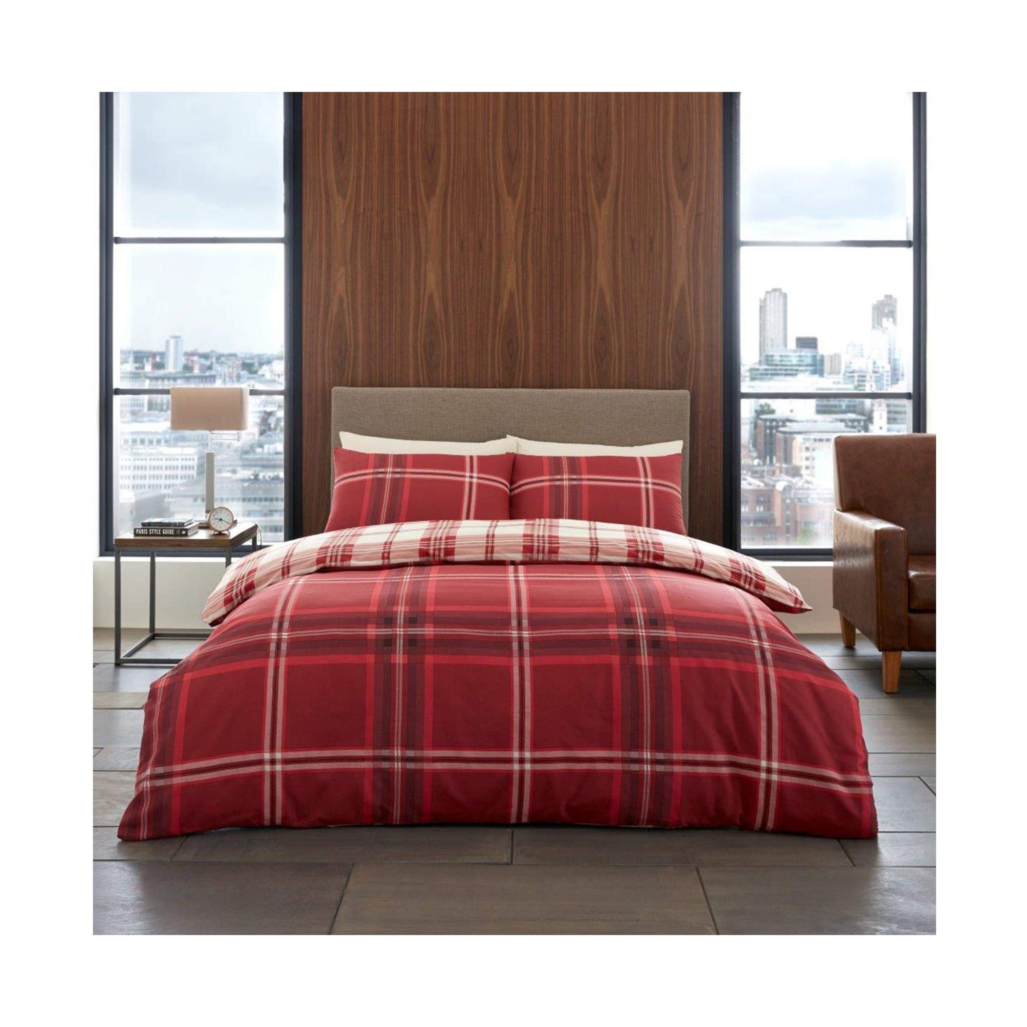 Luxurious Bardsley Check Bed Set with Duvet Cover and Pillow Cases, Polyester-Cotton, Red, King