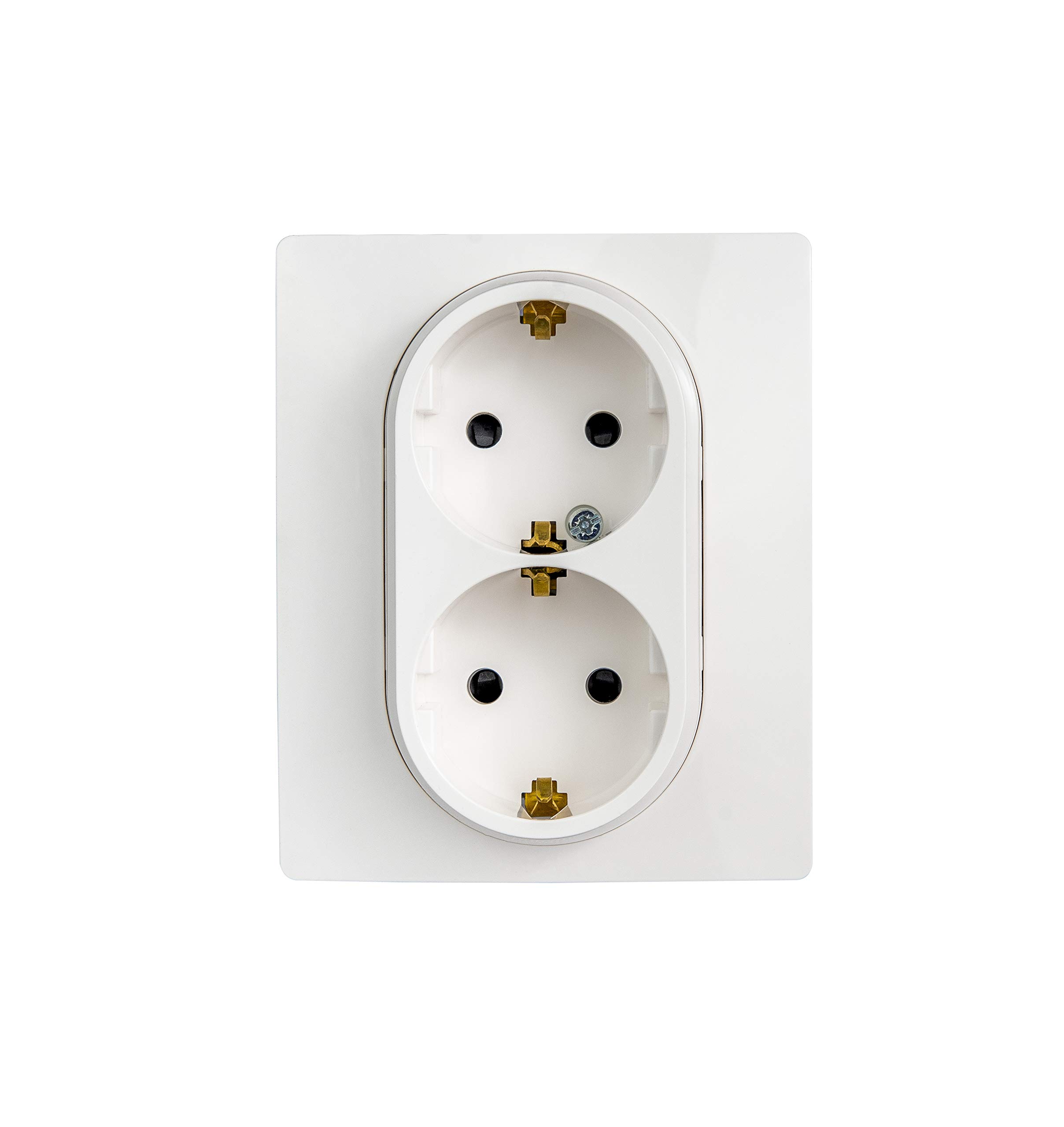 2-Way Schuko Socket on One Base Insert with Rocker Alpine White with Child Lock Double Flush-Mounted (White)