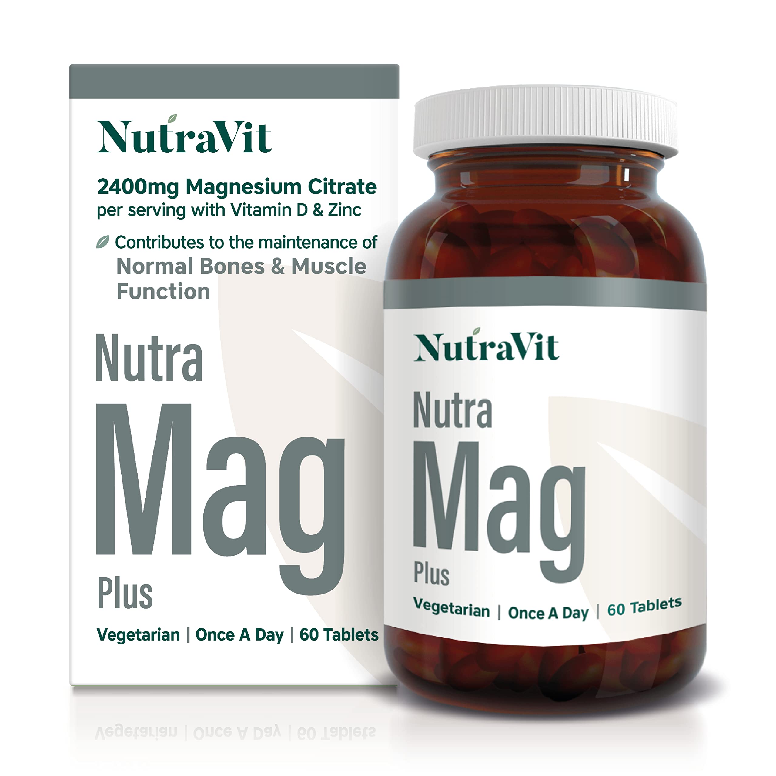 NUTRAMAG Plus - 2400mg Magnesium Citrate Tablets | Magnesium Tablets – 60 Super Strength Tablets - Magnesium Supplements for Women and Men – Contains Zinc, Vitamin B3, B12 and D3 - NutraVit