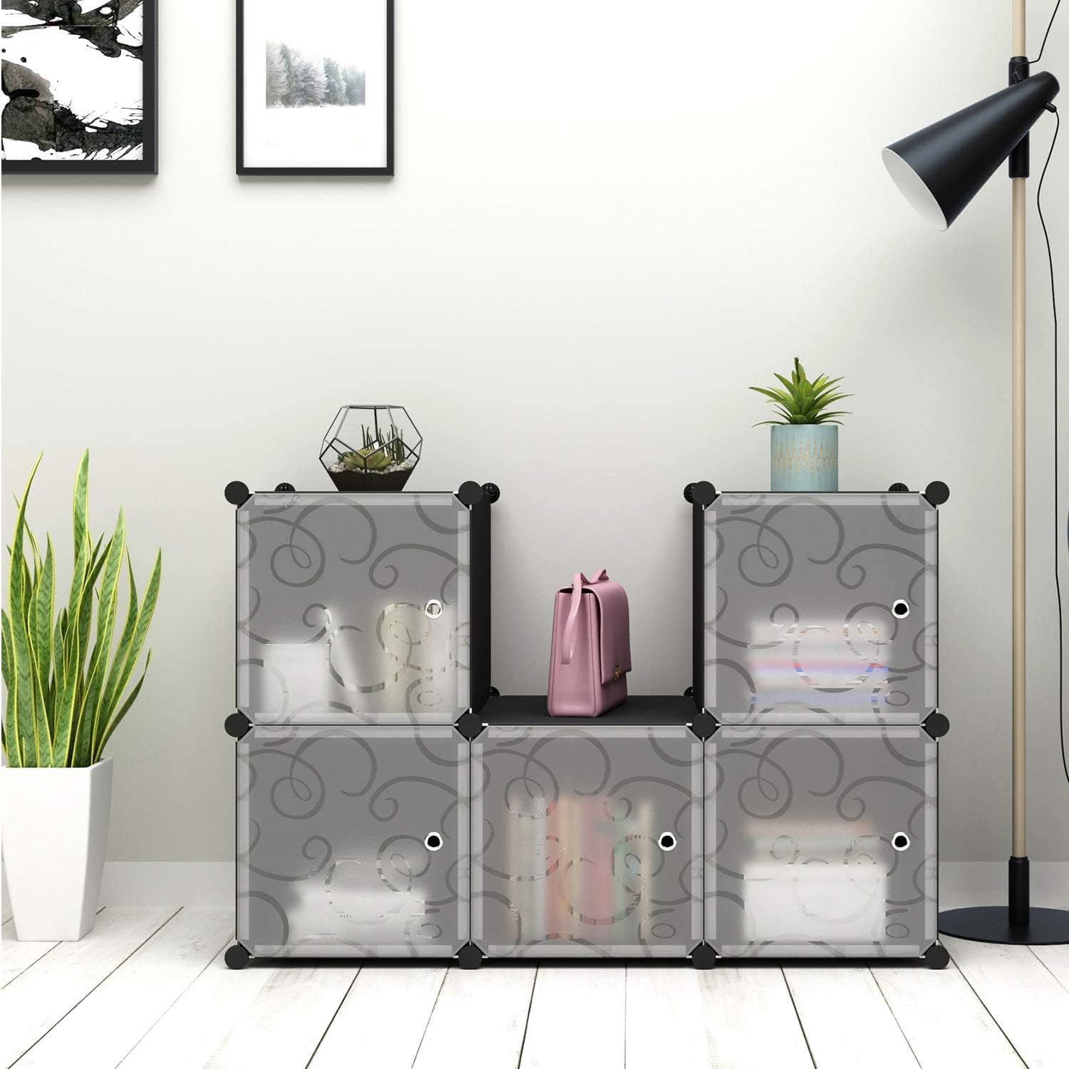 C&AHOME Cube Storage Organizer, 6-Cube Shelves Units, Closet Cabinet, DIY Plastic Modular Book Shelf with Doors, Ideal for Bedroom, Living Room, Office, 36.6" L x 12.4" W x 36.6" H Black: Furniture & Decor