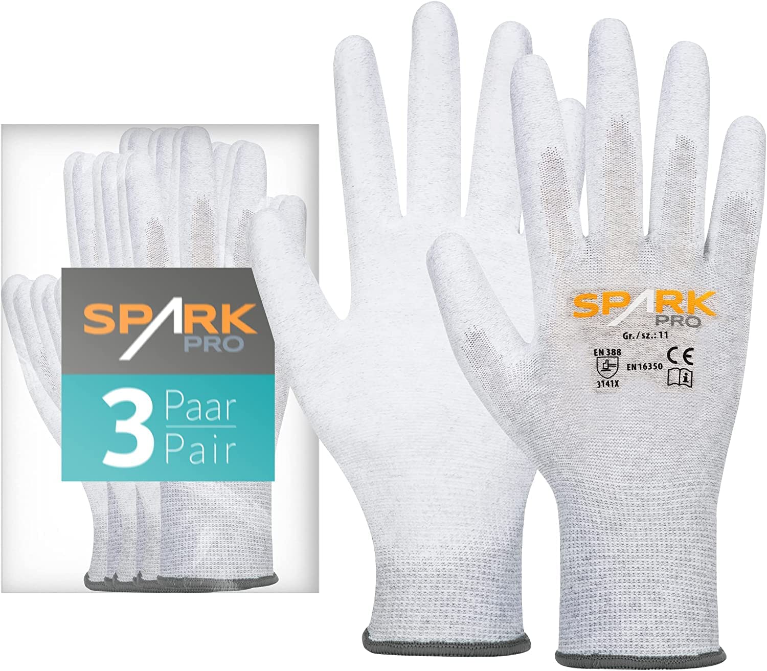 ACE Spark Pro Work glove - 3 pairs of anti-static protective work gloves - EN 388/16350-10/XL (Pack of 3)