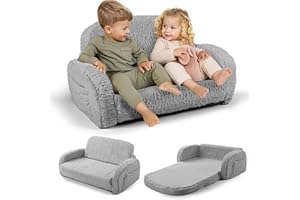 LITTLE DOVE 2-in-1 Sherpa Fold Out Kids Couch, Extra Wide Comfy Toddler Chair, Convertible Kids Sofa to Lounger, Foldable Toddler Couch with High Density Foam, Modern Kids Sofa Bed for Boys & Girls 3+, Gray