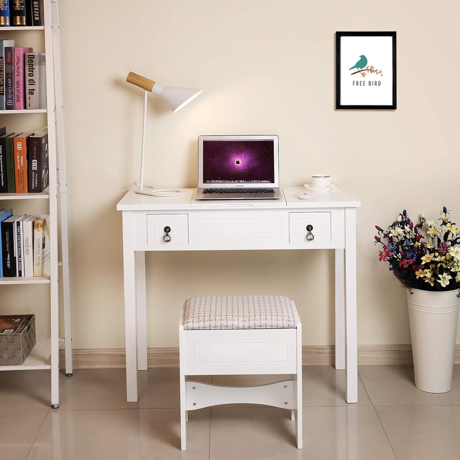 SONGMICS Tocador Con Espejo Moderno Con Tapa Abatible Con Taburete 3