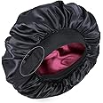 Silk Bonnet for Sleeping Double Layer Satin Bonnet Adjustable Bonnets for Black Women Sleep Cap Reversible Hair Bonnet for Curly Hair (Black and Wine)