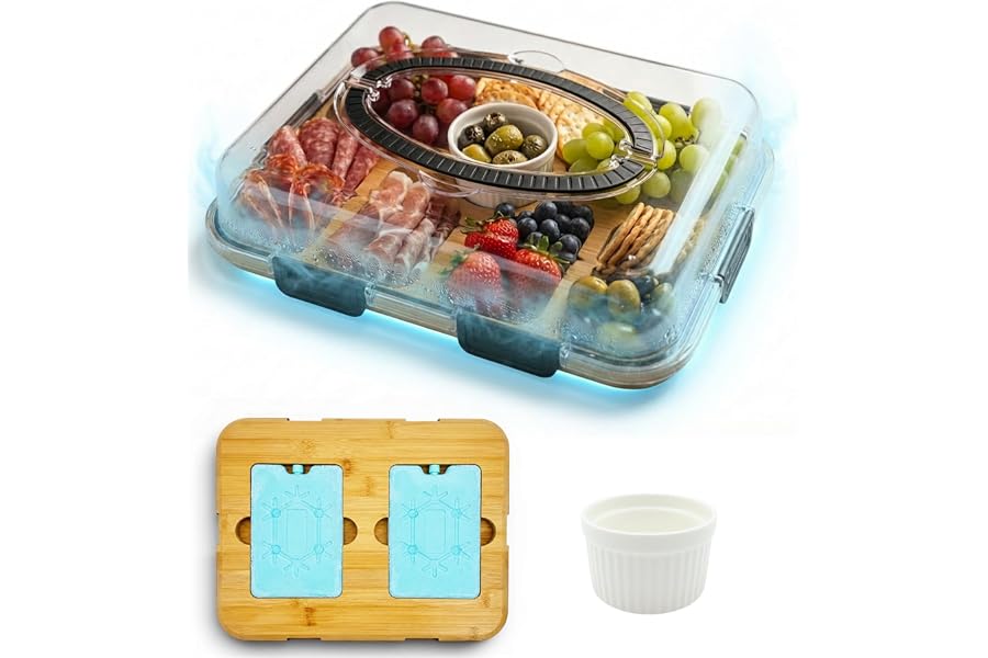 Charcuterie Board with Lid & 2 Ice Pack, Upgraded 6 Snap Laches, Sauce Cup Included, Large Portable Cheese Tray with Handle, Serving Tray for Picnic & Pool, House Warming Gifts New Home