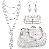Juinte 4 Pcs 1920s Pearl Jewelry Set for Women with Vintage Clutch with Chain Faux Pearl Dangle Earring Multi Strands Bracelet and Necklace for Wedding Prom Evening Anniversary Party Supplies