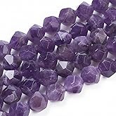 Fashewelry 10mm Natural Amethyst Gemstone Faceted Polygon Crystal Energy Stone Healing Chakra Star Cut Round Spacer Beads for Jewelry Craft Making, 7.8" (About 18pcs)