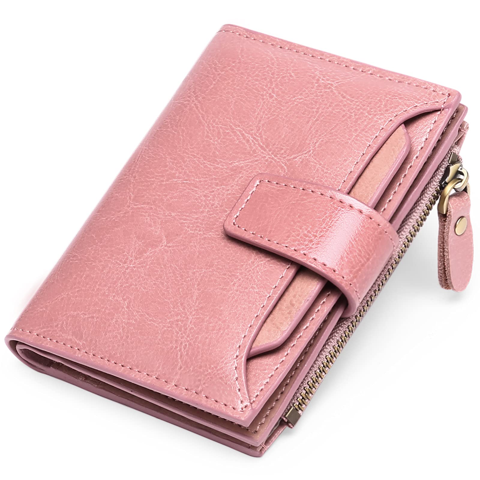SENDEFN Women's Small Purse Women's Genuine Leather with 14 Card Slots RFID Blocking with Coin Pocket Small Purse, #Pink