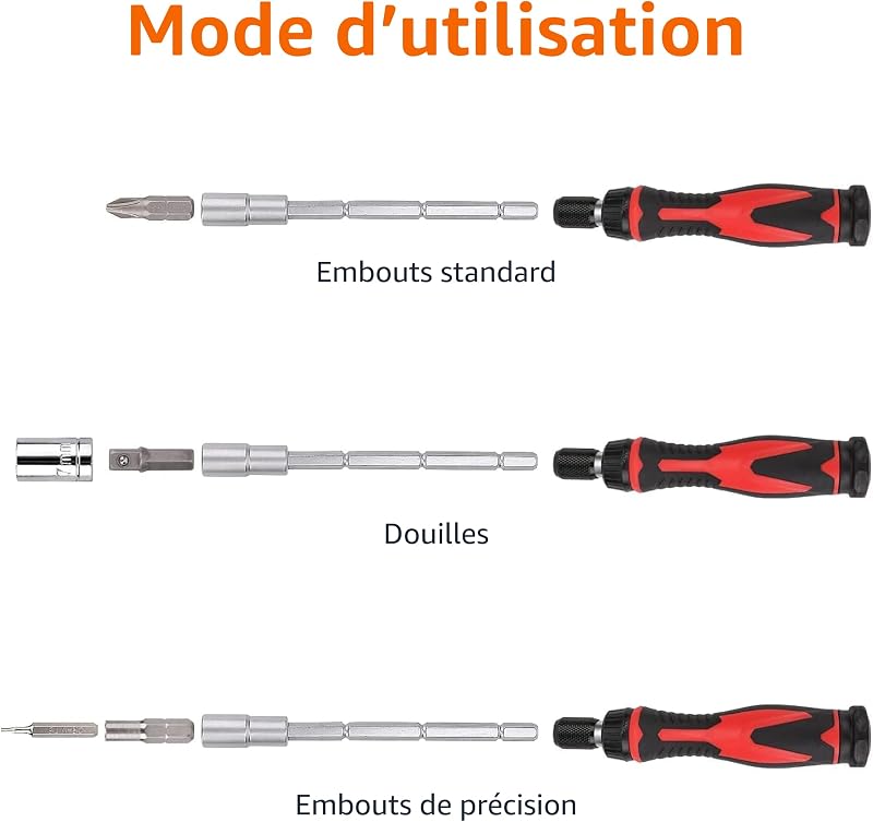 Ensemble clés magnétiques à cliquet et tournevis de précision pour l'électronique, 73 unité, lot de 1, Argent, Noir, Rouge
