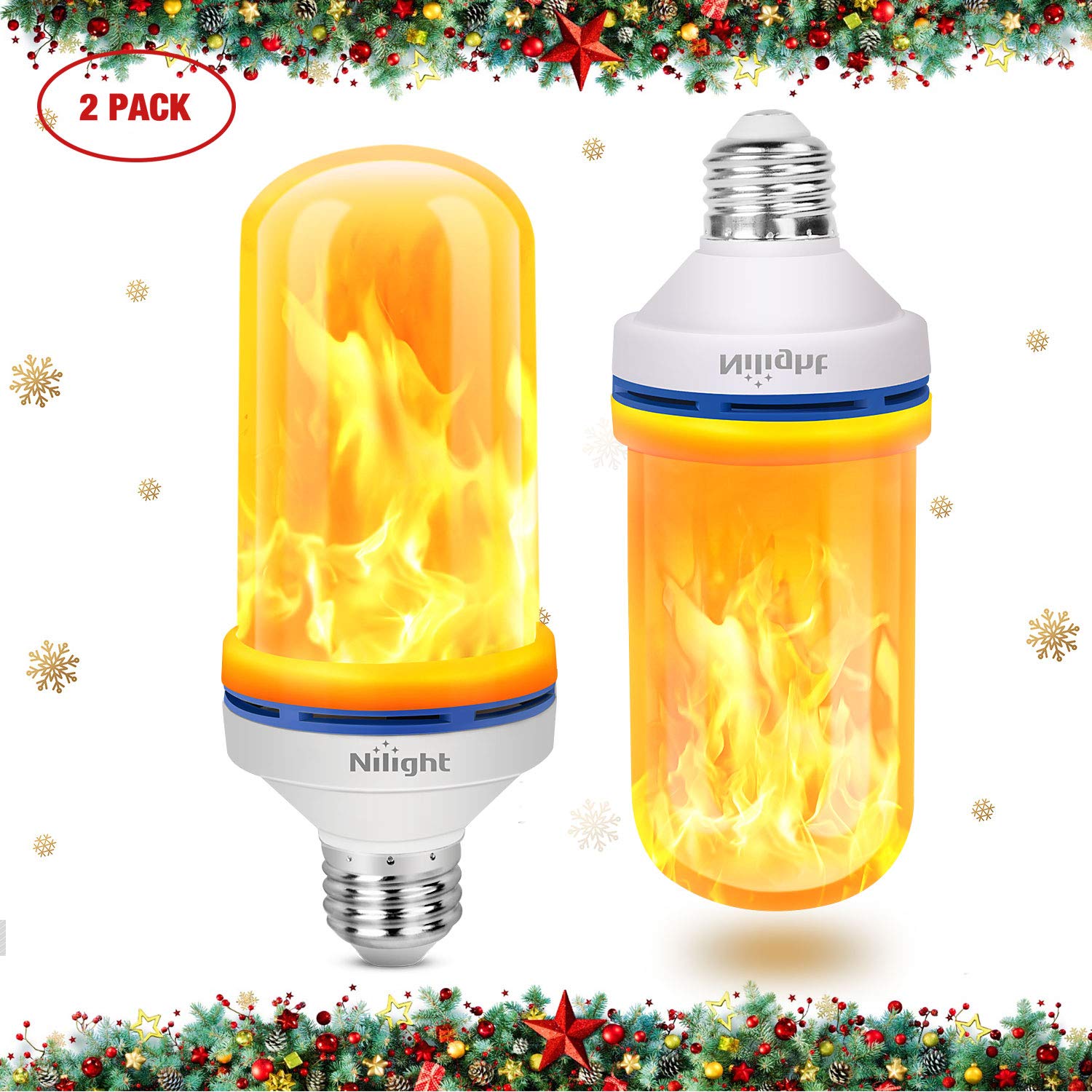Nilight 420601 Plug and Play Effect Fire Lamp base-108pcs LED Accelerometer Both Directions, TRI-Mode, for for Holiday Hotel/Bar/Party (2 Pack), Flame Light Bulbs Yellow
