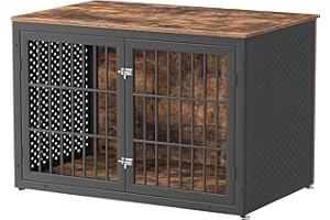 rehomerance 48" Rustic Heavy Duty Dog Crate Furniture for Extra Large Dogs, Metal Kennel for High Anxiety Dogs, Wooden Cage Furniture Indoor, Decorative Dog Kennel End Table, XL
