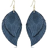 WIKMAB Genuine Leather Handmade Fringe Feather Lightweight Dangle Drop Earrings Teardrop Tassel Hook Earrings for Women