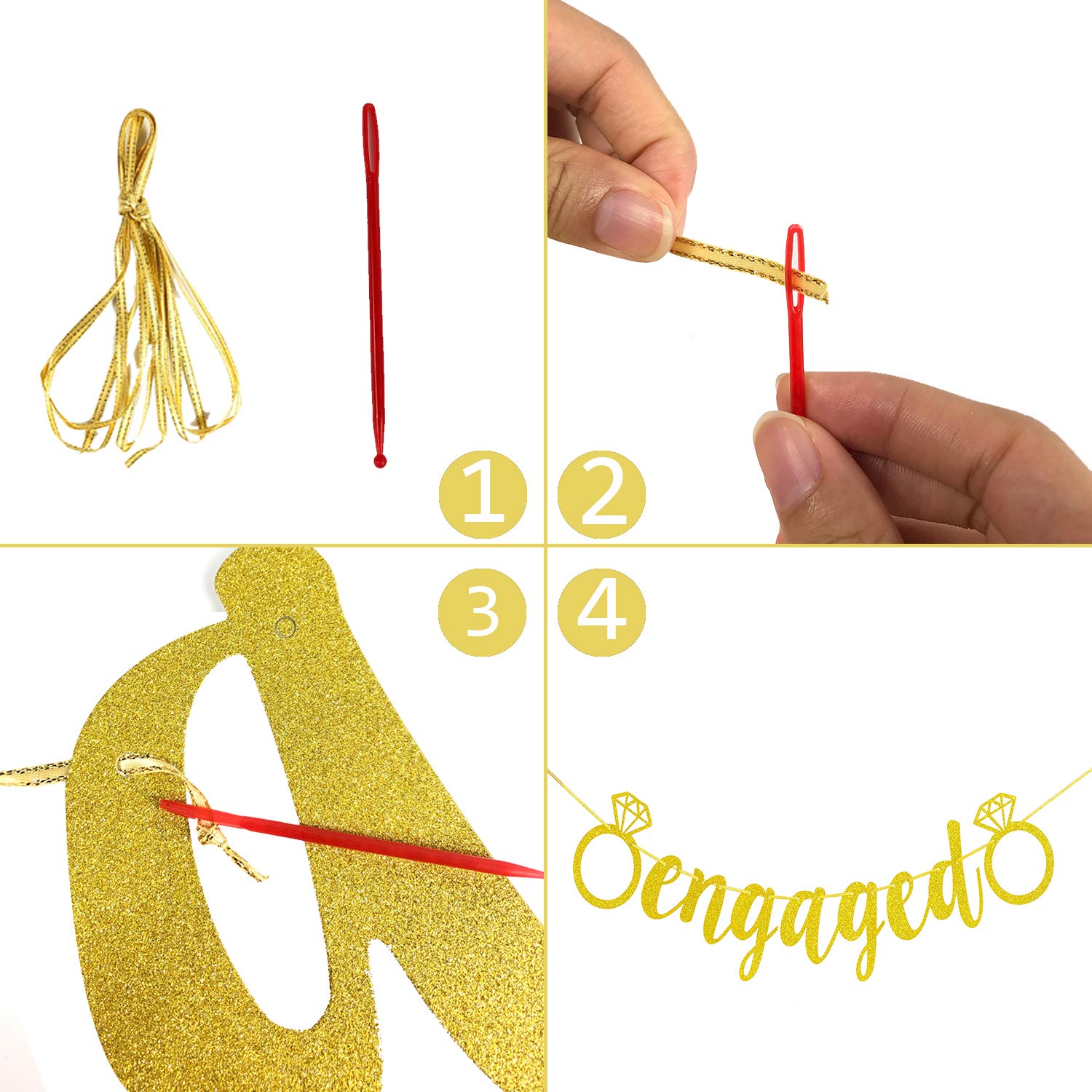 Engagement Party Decorations - Extra-Large Engaged Banner Gold Glittery Letters and Diamond Ring, Engagement, Bridal Shower Party Decorations