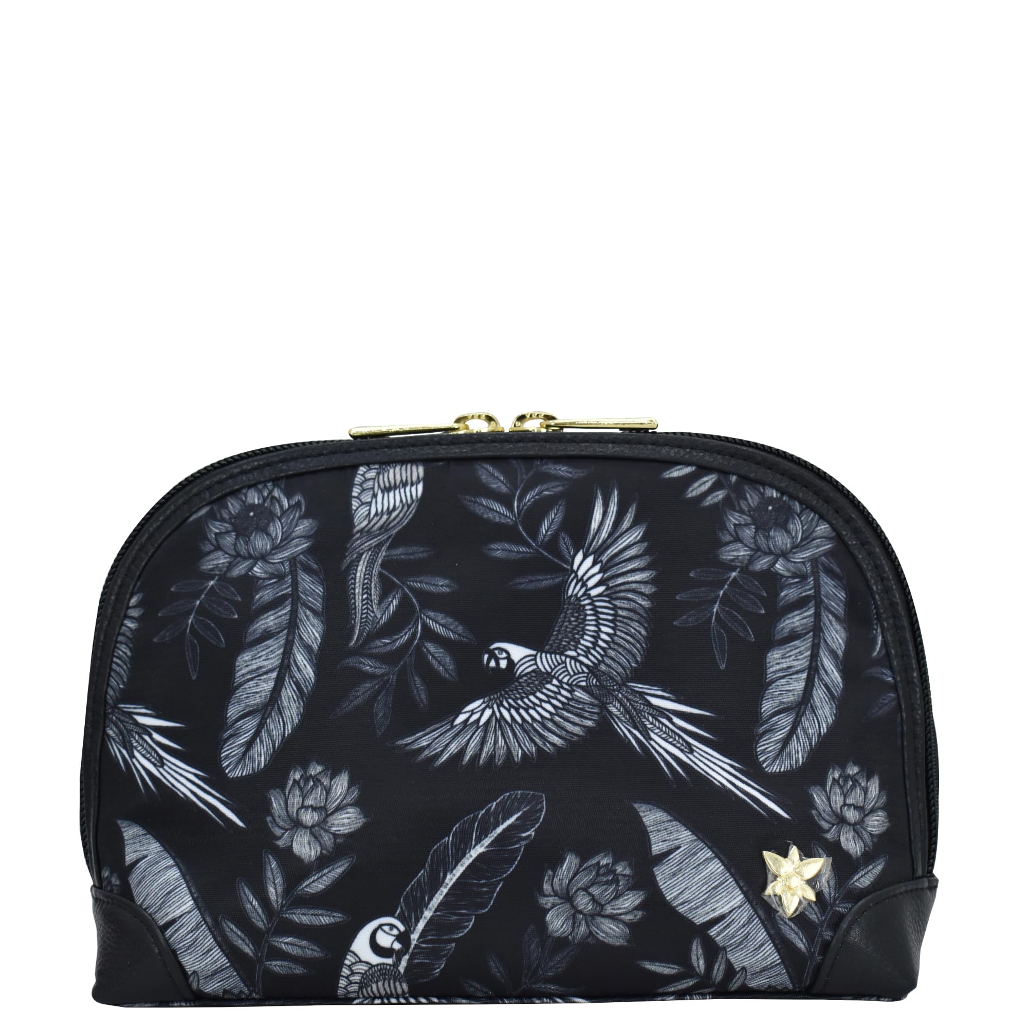 Anuschka Dome Cosmetic Bag-Wanderlust Collection-Nylon Fabric with Leather Trim and Artwork Print, Jungle Macaws, One Size