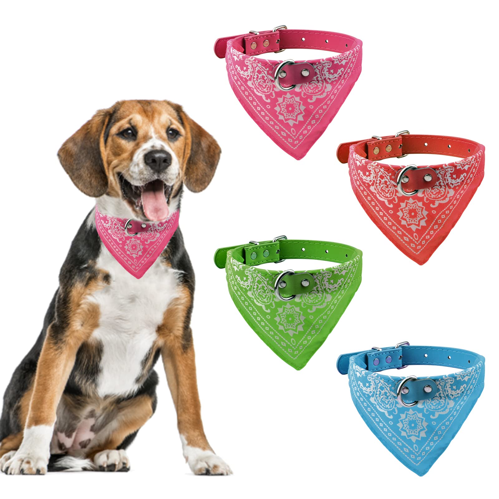HACRAHO Dog Collar Bandanas, 4 Pieces Dog Bandanas Collar with Adjustable Strap Washable Dog Bandana Collar for Small Medium Dogs, Red, Green, Rose Red, Sky Blue, M