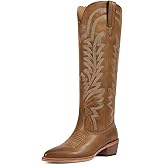 ISNOM Cowboy Boots for Women Knee High Cowgirl Boots with Classic Embroidered Pointed Toe Chunky Heel Pull On Fashion Retro Western Tall Boots