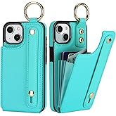 Folosu for iPhone 13/14 Wallet Case with Card Holder, Hand Wrist Strap Loop Holder Kickstand, RFID Blocking Finger Grip Ring PU Leather Double Buttons Shockproof Cover 6.1" Green