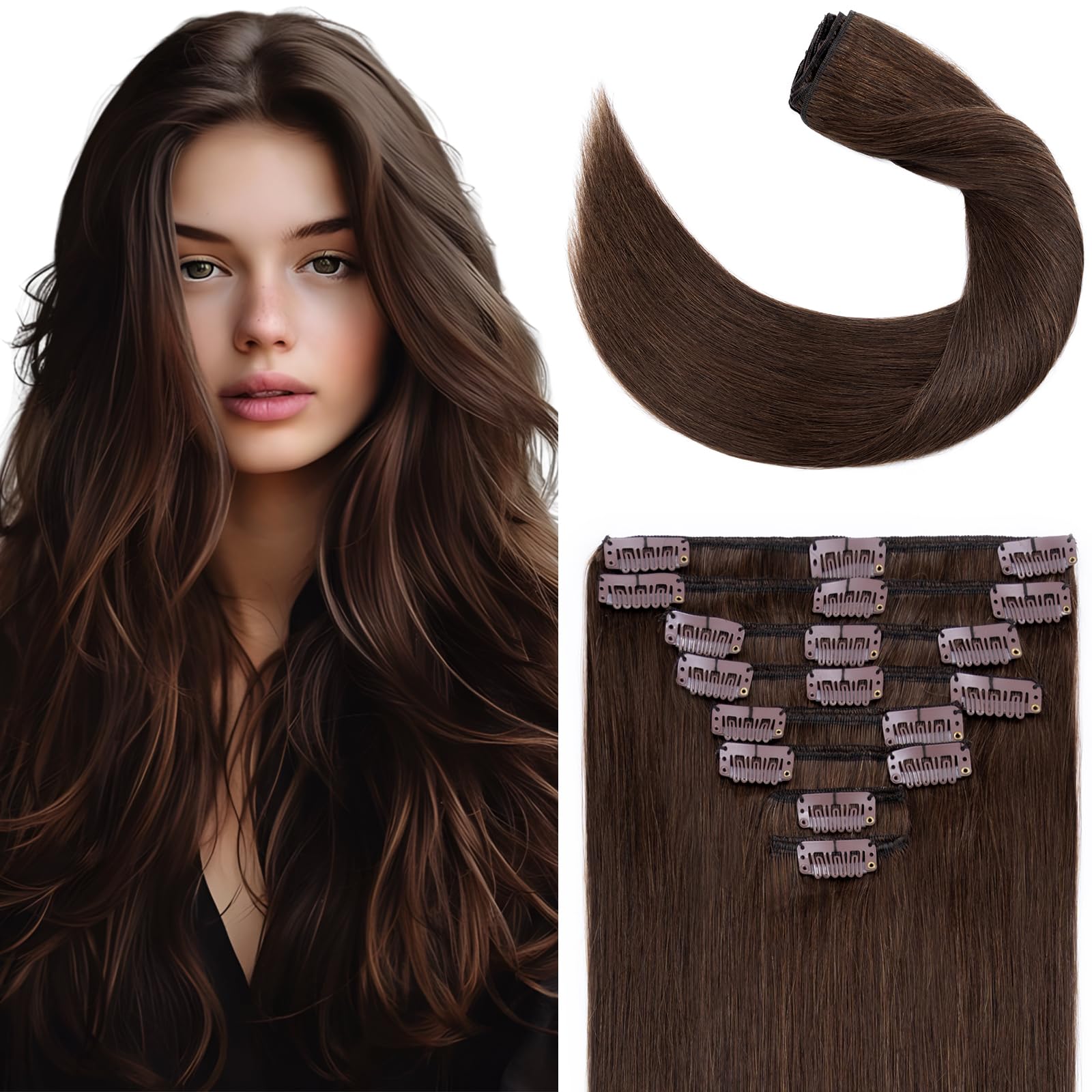 Elailite Clip in Hair Extensions Real Remy Human Hair Full Head Straight - Standard Weft - 8 Pieces (4 Medium Brown, 20"-105g)