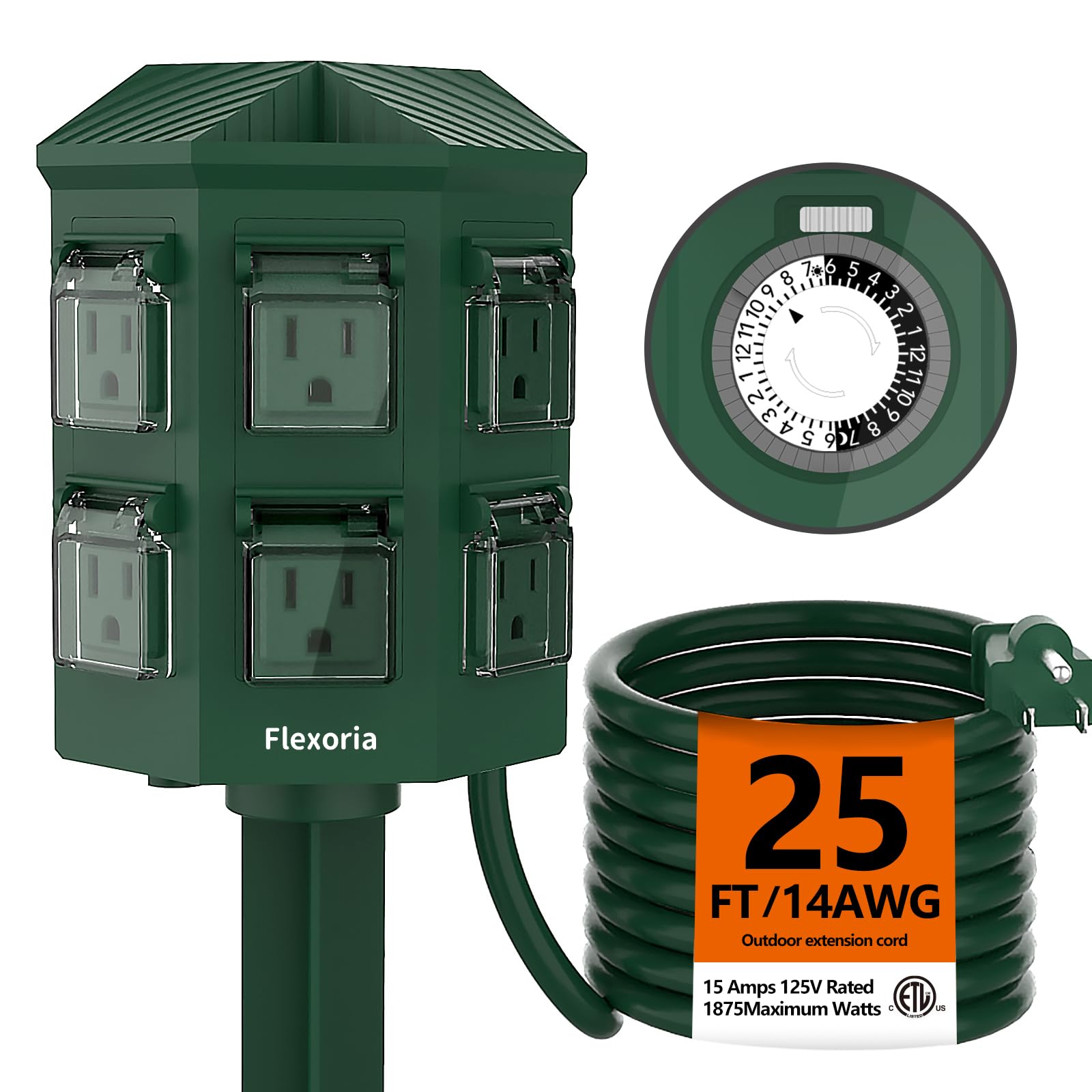 Photo 1 of Flexora Outdoor Power Strip with 24-Hour Mechanical Timer, 25 FT Extension Cord Waterproof, 6 Grounded Outlets for Outdoor Christmas Decorations, ETL Listed (25 FT)