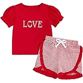 Hnyenmcko Toddler Baby Girl Valentine's Day Outfit Love Heart Embroidered Ruffled Trim T-Shirt Tops Plaid Shorts Set