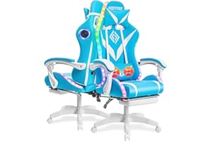 VANSPACE Gaming Chair with Bluetooth Speakers and RGB LED Lights Ergonomic Massage Computer Gaming Chair with Footrest Video Game Chair High Back with Lumbar Support Light Blue and White