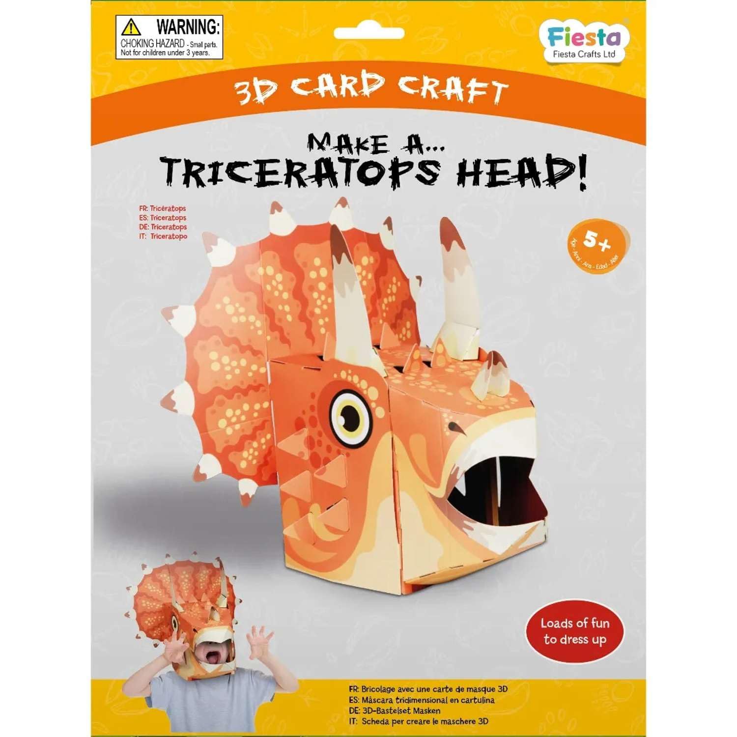 Fiesta Crafts Triceratops 3D Dinosaur Mask Kit - Colourful & Easy to Assemble Dino Head Costume-Complete Set to Improve Motor Skills, Creativity, & Imagination - Fits Kids & Adult Heads