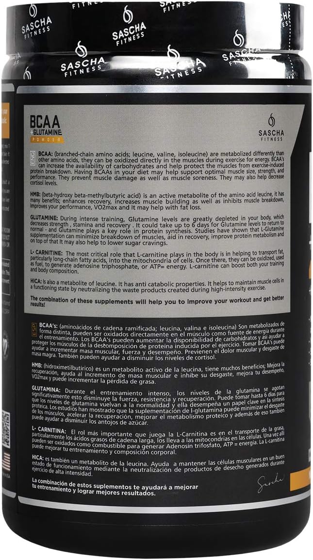 Sascha Fitness BCAA 4:1:1 + Glutamine, HMB, L-Carnitine, HICA | Powerful and Instant Powder Blend with Branched Chain Amino Acids (BCAAs) for Pre, Intra and Post-Workout (Natural Mango Coconut Flavor): Health & Personal Care