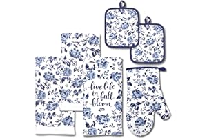 REX AND ROVER Oven Mitts and Potholders Blue and White Decorative Kitchen Towels Set Chinoiserie Chinese French Farmhouse Country Blue Willow Shabby Chic Style Gift Floral Nature Live Life in Full Bloom