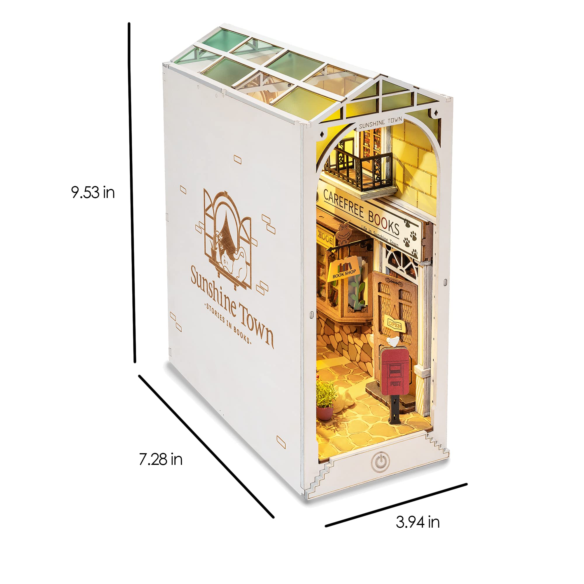 Hands Craft DIY Book Nook Kit – Sunshine Town Miniature House Dollhouse LED Lights Booknook Bookshelf Insert Laser Cut Wooden Puzzle 3D Bookends Book Stand Decor TGB02