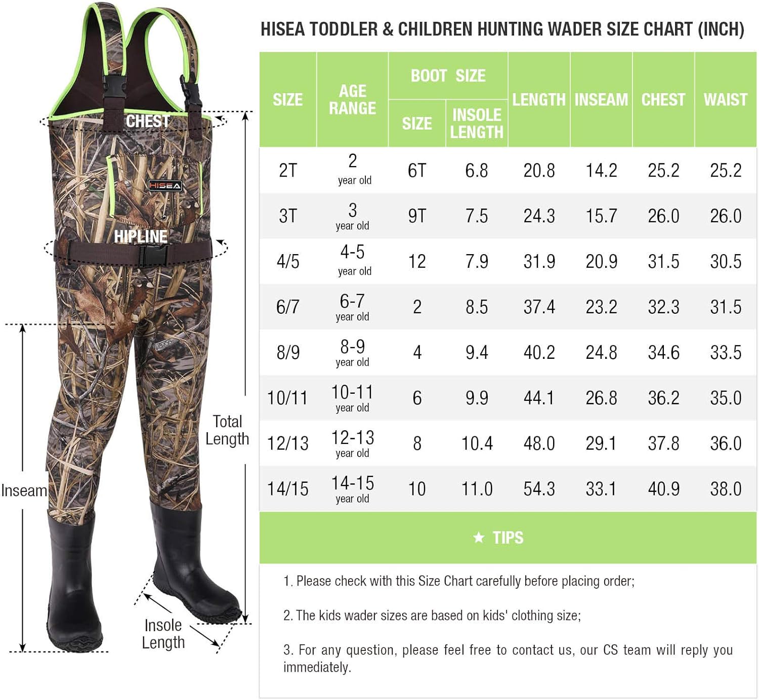 HISEA Kids Chest Waders Neoprene Fishing Waders for Toddler & Children Youth Duck Hunting Waders for Kids Boy and Girl with Waterproof Insulated Cleated Boots : Sports & Outdoors