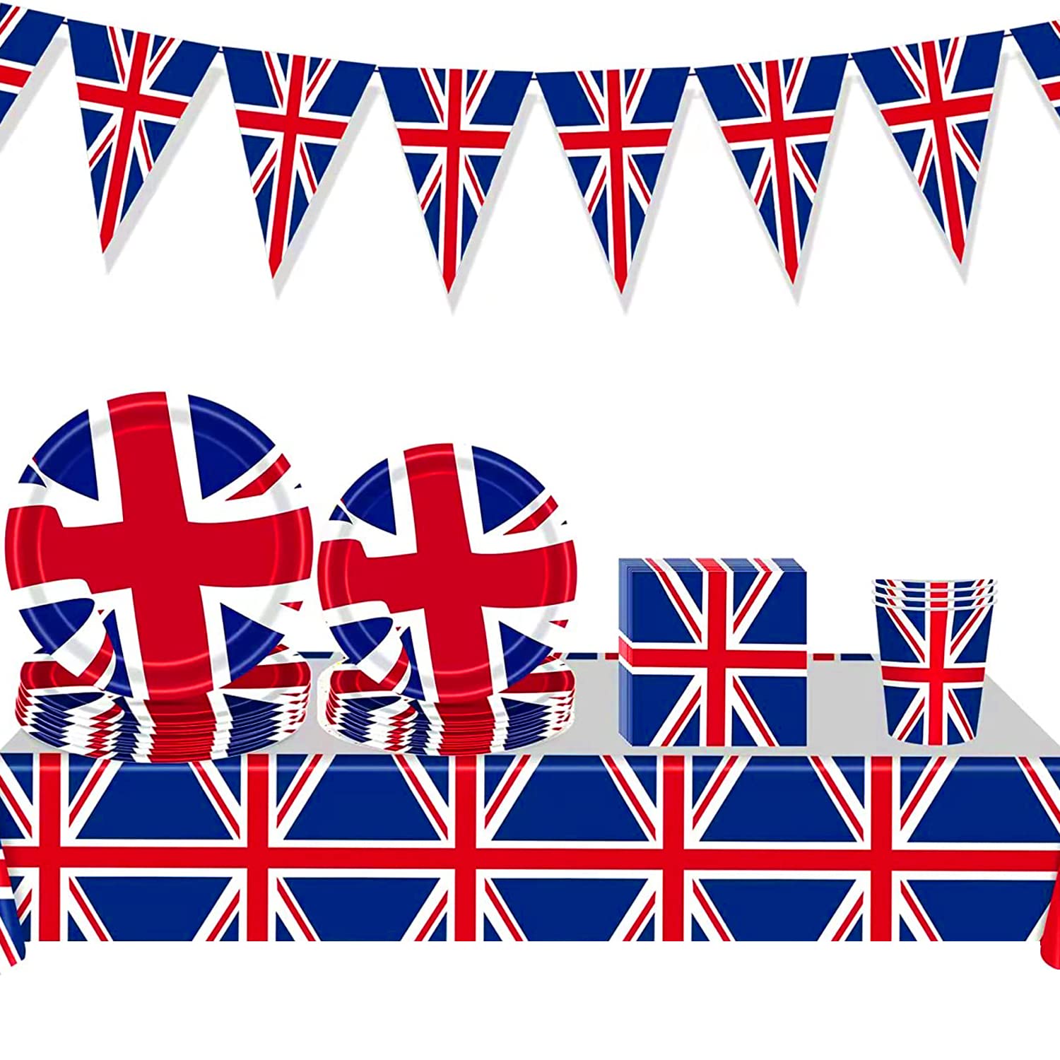 Union Jack Party Supplies Tableware Set Wonlonda King Charles Coronation Decorations Tablecloth Napkins Cups Paper Plates Set Bunting Flags Decorations Party Supplies For any Independence Day