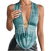 SweatyRocks Women's Sexy Going Out Tops Y2K Backless Deep V Neck Ruched Draped Halter Top
