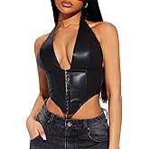 TZLDN Sexy Leather Tops for Women PU Halter Y2k Backless Asymmetrical Going Out Crop Tank Tops Corset Concert Club Outfits