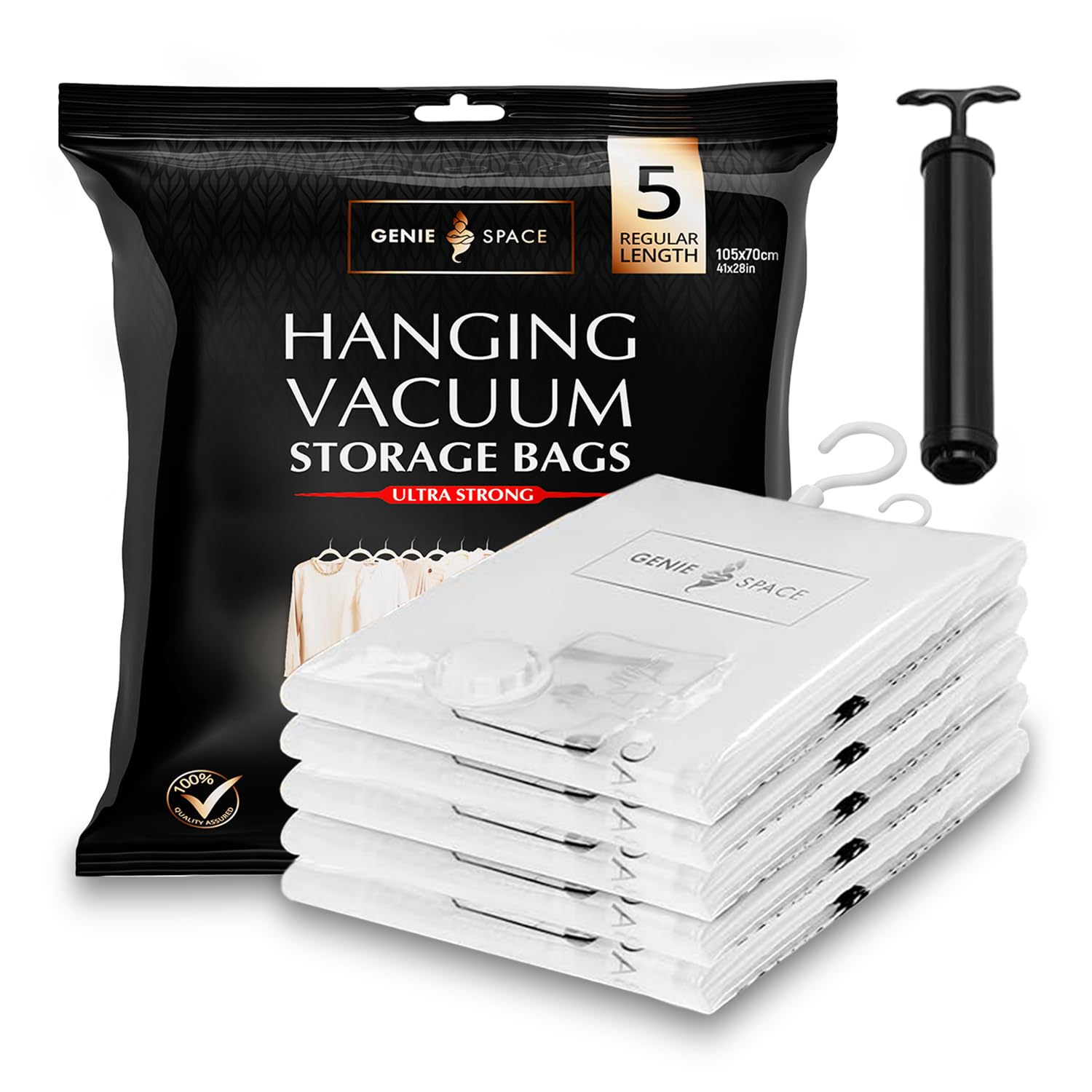 GENIE SPACE Hanging Vacuum Storage Bags for Coats, Suits and Dresses, Regular Length 105 × 70 cm, Airtight, Odour-Proof and Reusable Garment Bags with Double Zipper Seal, 5-Pack with Hand Pump