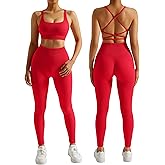 RXRXCOCO Ribbed Workout Sets for Women 2 Piece Backless Strappy Sports Bra Seamless Leggings Matching Set Yoga Outfits