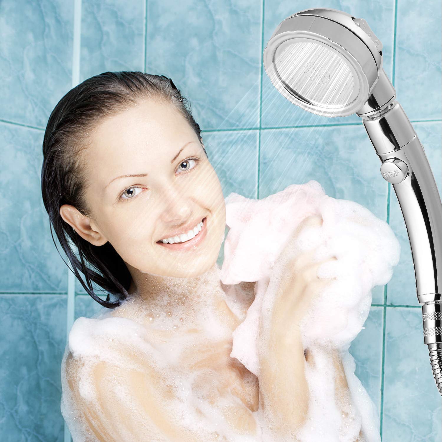 High Pressure Shower Head,Shower Head with ON/Off Full Shutoff Push Button and Switch to Control Flow and 3-Settings Spray Modes (Jetting/Rainful/Massage), Handheld Showerhead for Body Spray Chrome