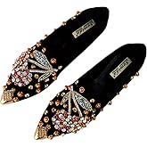SWYIVY Women Rhinestone Flats Slip On Pointed Toe Sparkle Flats Faux Suede Ballet Embellished Flats