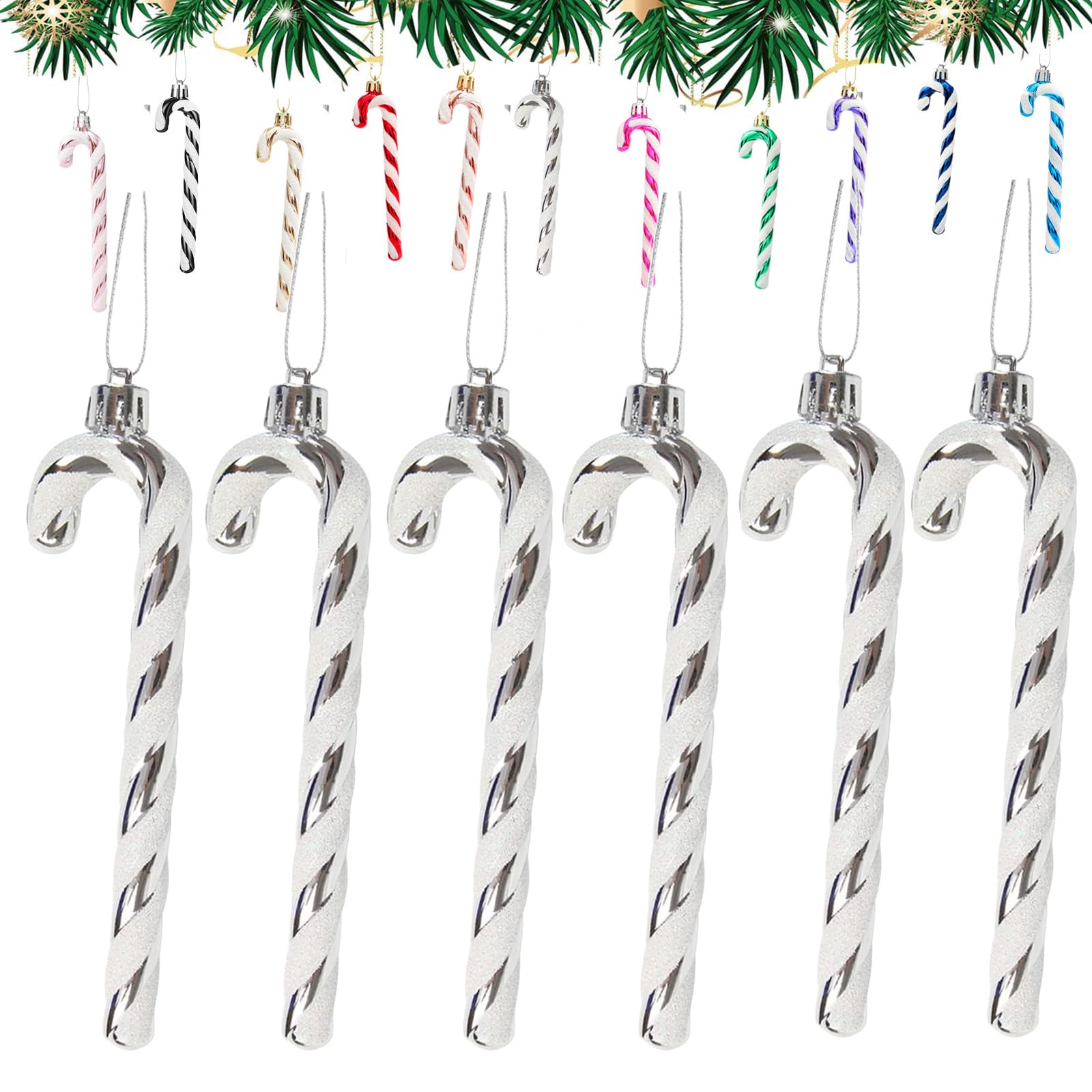 6Pcs Sliver and White Plastic Candy Cane Christmas Tree Decorations 13cm,Christmas Glitter Candy Cane,Christmas Tree Hanging Decorations for Xmas,New Year,Festive Candy Cane Party Decor Supplies