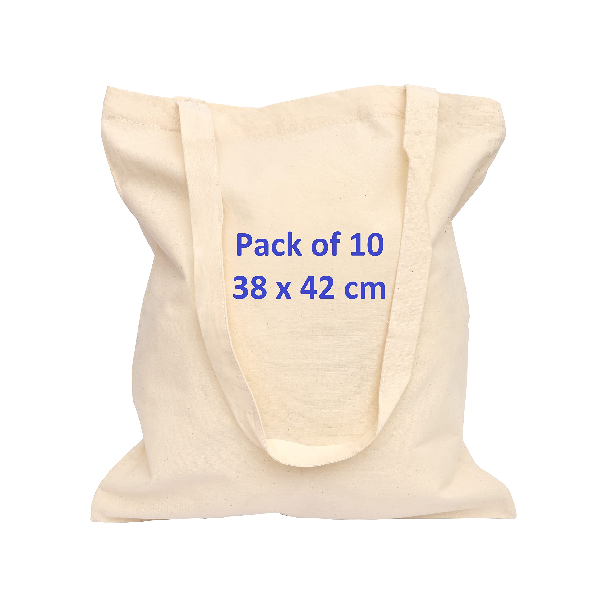 Cotton Bags for Grocery, Plain Bags to Decorate, eco-friendly Canvas Tote Bags made with Premium Quality 100% Cotton Fabric Are Reusable Blank Tote Bags of Size 38x42cm in Bulk (Pack 10-Natural)