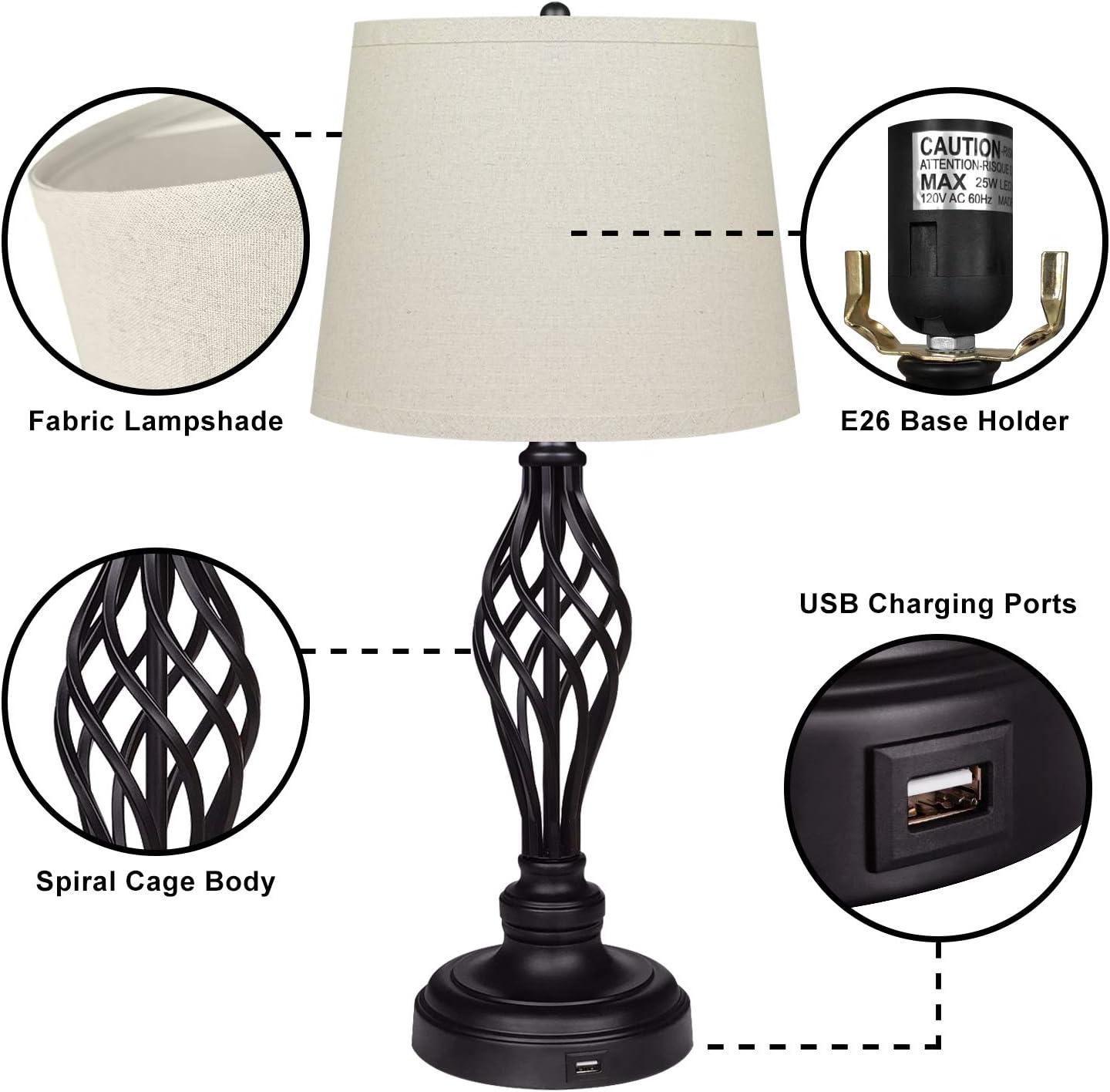 Set of 2 Touch Control 3-Way Dimmable Table Lamp Nightstand Lamp with USB Port AC Outlet Bedside Desk Lamp with Fabric Shade for Living Room Bedroom, Daylight White Bulbs Included - - 