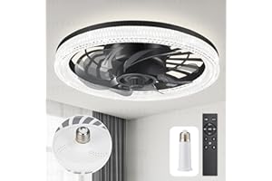 LITTARBY Ceiling Fans with Lights, Socket Fan Light with Remote Control, Dimmable Brightness 3000K-6500K Memory, Socket Modern Flush Mount Low Profile Ceiling Fan for Bedroom, Small Living Room, Kitchen Black
