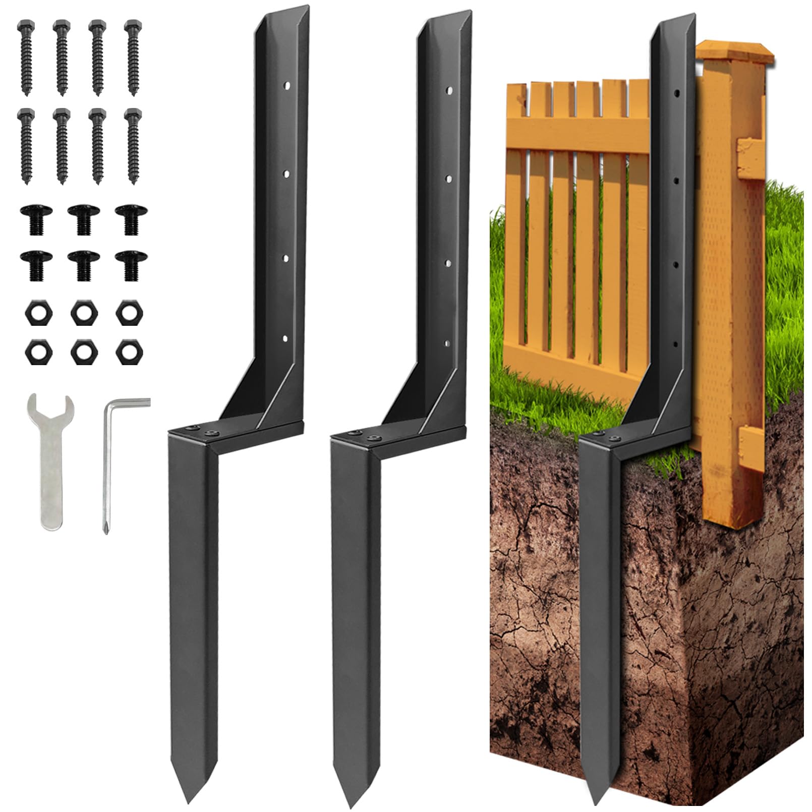Photo 1 of Fence Post Repair Kit, Thickened Fence Post Anchor Stakes for Repair Tilted, Broken Wood Support (Black-2 Pack)
