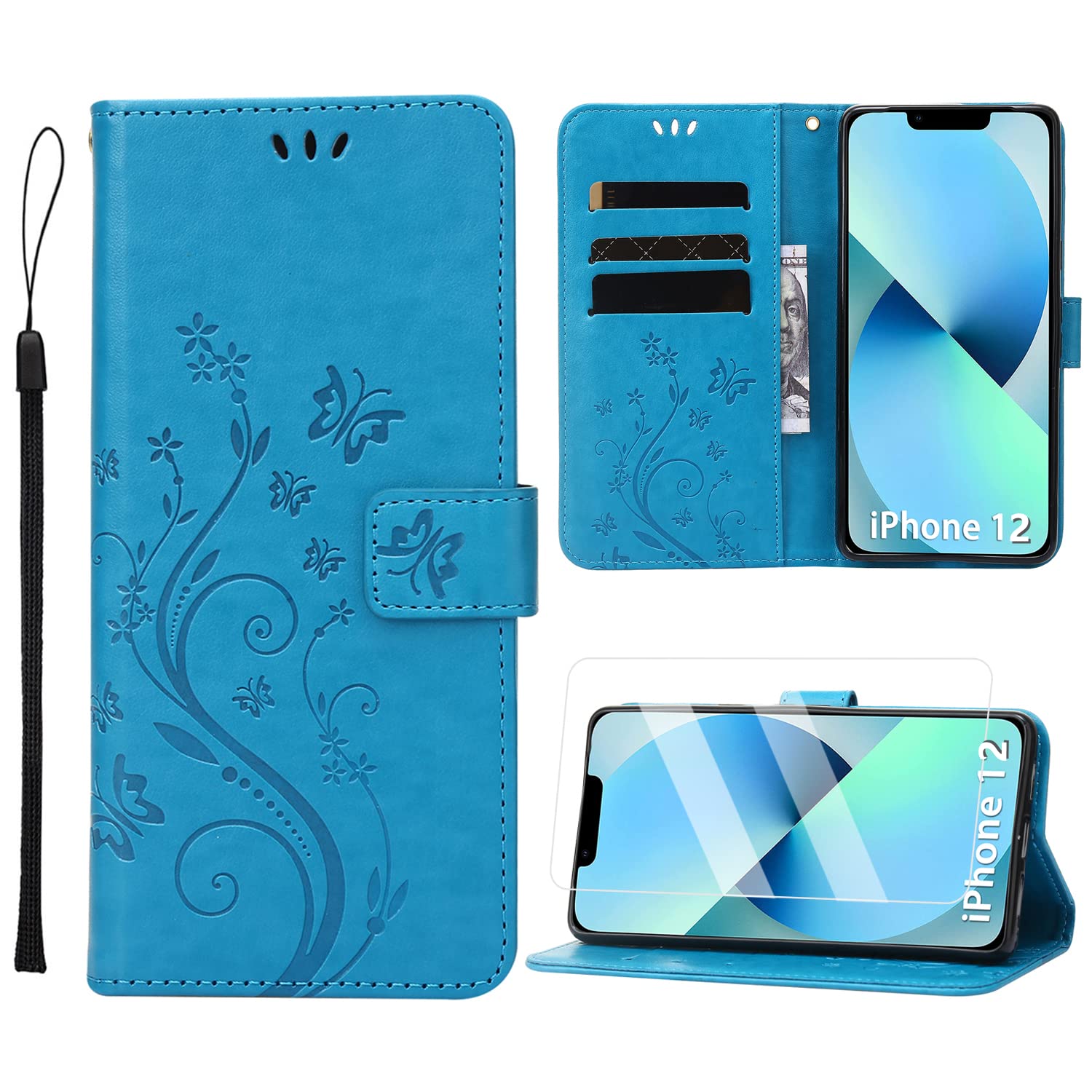 ANSHOW iPhone 12 Case Wallet with Wrist Strap, Flip Leather Case with Cards Holder, Kickstand Cover for iPhone 12/12 Pro, Blue — image 1